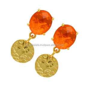 Orange Quartz Oval Cut Gemstone 925 Sterling <b>Silver</b> With Gold stud <b>earrings</b> Prong setting Fashionable <b>Earring</b> For <b>Wedding</b> Gift. - Product Image 1