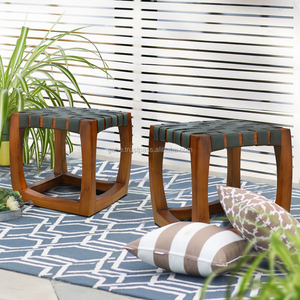 Taburete con correas de cuero genuino natural muebles de madera de teca - Product Image 1