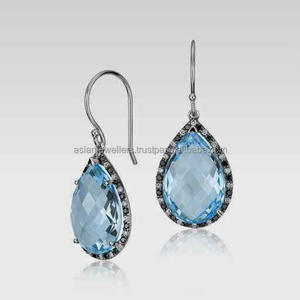 Topacio azul Cuarzo y CZ 925 Pendientes de piedras preciosas de plata esterlina Joyería de plata hecha a mano - Product Image 1