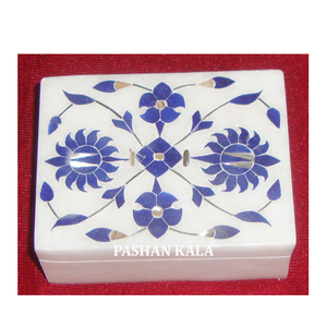 Boîte de rangement à bijoux en marbre blanc incrusté de fleurs bleues, de qualité supérieure, fabriquée à la main, fournisseur pour cadeaux de mariage - Product Image 1