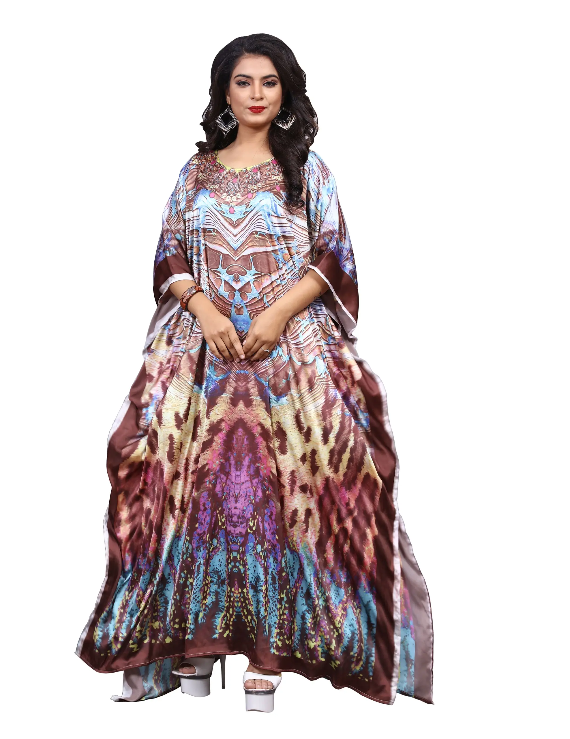 إمرأة متعدد الألوان الحرير الحرير الرقمية المطبوعة القفطان Kurta