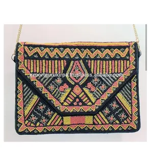 Femmes élégant indien bohème Designer pochette sac de messager à la main perlé toile sac à bandoulière Vintage mode pour soirée - Product Image 1