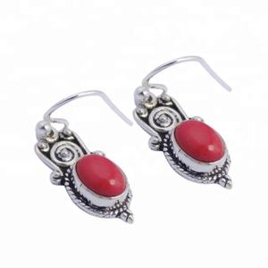 Boucles d'oreilles en argent Sterling massif 925 faites à la main nouveau Design pierre précieuse de corail naturel bijoux de Style Vintage pour cadeau de mariage elle - Product Image 1