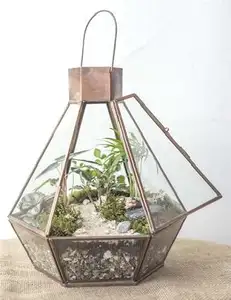 TERRARIUM POT TRIANGLE SHAPE HOME DECORATIVE FLOWER PLANT TERRARIUM FANCY DESIGN PLANT VASES ANTIQUE COLOR METAL FLOWER POT