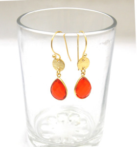 Carnelian Chalcedony Gemstone Pear Shape Faceted Brass Gold Plated Fashion Jewelry Gift for Her-Hoop <b>Earring</b> - Product Image 3