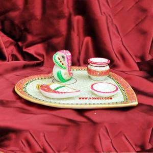 Marble Puja Thali with Heart Shape Ganesha Custom <b>Painted</b> Religious <b>Stone</b> Decoration Engraved Love and Gifts Model - Product Image 3