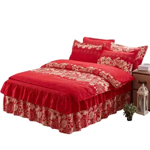 בסגנון סיני גדול אדום משפחה חתונה תגובתי הדפסת מיטת קומות חצאית סט של ארבעה