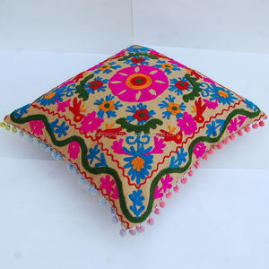 Light <b>Brown</b> Suzani Woolen Embroidery Cotton Square Cushion Cover Home Textile Handmade Indian Zipper Pillow Case for Hotel Use - Product Image 2