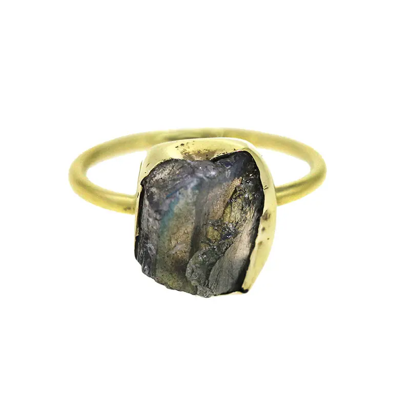 원시 Labradorite 링 골드 도금 925 스털링 실버 보석 반지 불규칙한 모양 치유 원시 크리스탈 거친 Labradorite 링