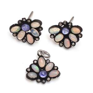 Top qualité solide 925 argent Sterling noir plaqué rhodium naturel TZ N opale diamant pierres précieuses lunette pendentif et boucles d'oreilles - Product Image 1