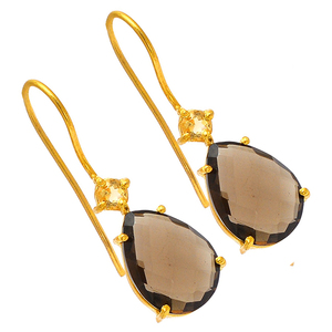 Pendientes de piedras preciosas de cuarzo ahumado de pera Briolette, joyería de plata de ley 925, alambre de oreja colgante de moda de oro para mujeres, bodas - Product Image 2