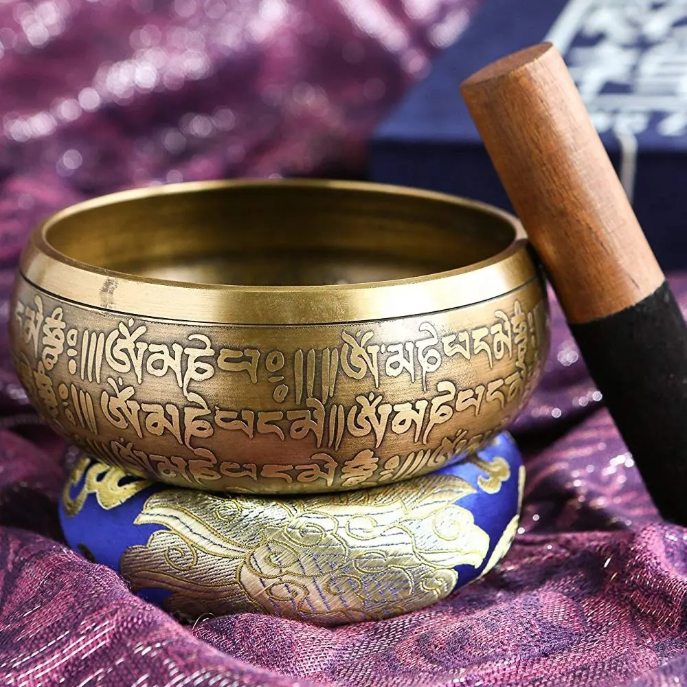Embossed Carving Singing Bowl Mantra carved Tibetan Singing Bowl cushion and leather mallet