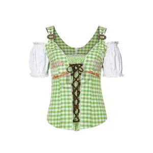 Vintage women Austrian Trachten Traditional Green White Check Embroidered Kitsch Fall Autumn Xmas Festive Christmas Shirt