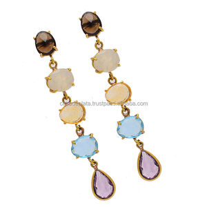 Pendiente chapado en oro de Plata de Ley 925, cuarzo ahumado, piedra lunar arcoíris, Cuarzo Rosa, Topacio Azul, amatista, pendiente de piedras preciosas. - Product Image 2