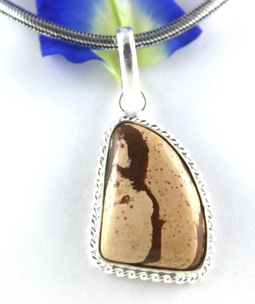 92.5 Sterling Silver Natural Solar Quartz Coconut Jasper Picture Jasper Gemstone Smooth Charm Pendant Gift Necklace