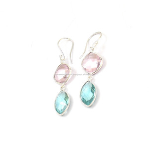 Cuarzo rosa y Topacio Azul Cuarzo Plateado Piedra preciosa natural Joyería hecha a mano Piedra natal Boho Pendiente - Product Image 2