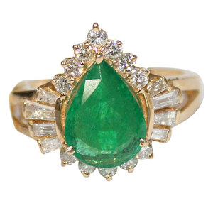 Éblouissante poire forme 14k solide or jaune véritable émeraude et diamant pierre précieuse victorienne bague de mariage bijoux Vintage pour les femmes - Product Image 1