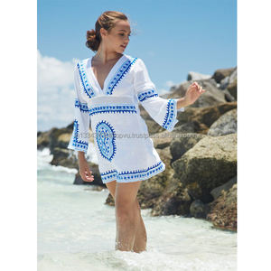 New Style Cute Suzani Aari Embroidery Deep V Neck <b>White</b> European Bikini Cover up Sexy Woman Beach Dress - Product Image 1