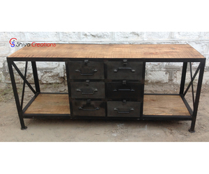 Vintage Industrial Mango Rústico Media Gabinete Muebles para el hogar Soporte de TV en la sala de estar Material de metal - Product Image 1