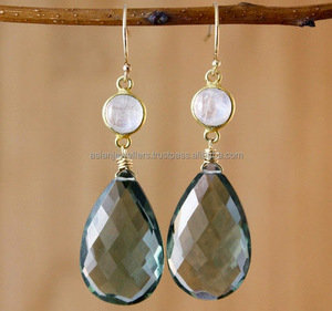 Women's Blue Topaz Quartz and Rainbow <b>Moonstone</b> 925 Sterling Silver Drop <b>Earrings</b> with Gold Vermeil for Wedding & Party Gifts - Product Image 1