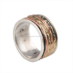 925 Silver Brass Copper <b>Spinner</b> <b>Ring</b> Handcrafted Organic Hammered Wavy Bands Mixed Metal Wide Band Fidget <b>Ring</b> Party Wholesale - Product Image 1