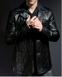 เสื้อแจ็คเก็ตหนังผู้ชายทรงสลิมฟิตสีดำ ดีไซน์ล่าสุด แต่งสไตล์ยุค 70 - Product Image 5