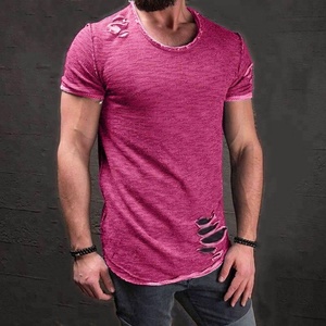 T-shirt décontracté pour homme en denim ajusté, col rond, manches courtes, teint en pièce, motif uni avec effet déchiré - Product Image 4