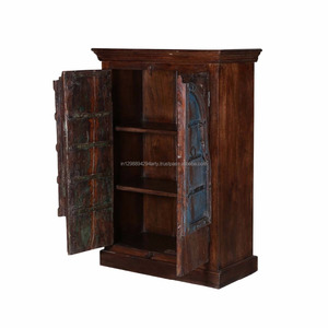 Librería moderna de madera reciclada con dos puertas estilo antiguo indio hecha de metal de madera y hierro - Product Image 4