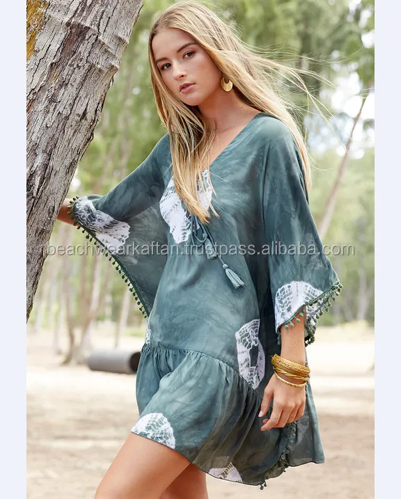 Mix Designs Available in Girl's Fancy Rayon Short Kaftan Beach Cover Ups Poncho Caftan With Pom Pom Lace