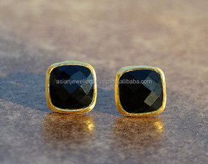 Vermail Gold Plated 925 Sterling Silver <b>Black</b> Onyx Gemstone Earrings . Handmade Indian <b>Jewellery</b>. - Product Image 1