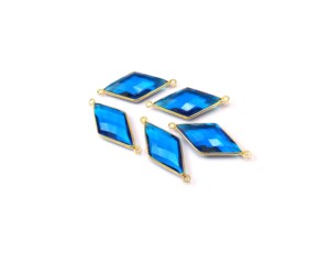 Pierre précieuse de topaze bleue avec connecteur de lunette de composants de fabrication de bijoux à double caution en forme de diamant plaqué or - Product Image 5