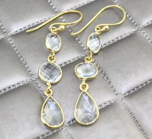 En gros minimaliste cristal Quartz pierres précieuses boucle d'oreille Logo personnalisé lunette réglage plaqué or crochet personnalisé boucles d'oreilles de mode - Product Image 3