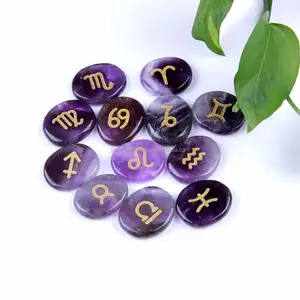 Ensemble de 12 pierres précieuses améthyste, symboles du zodiaque gravés, sculpture Reiki pour le Feng Shui et la décoration de la maison - Product Image 1