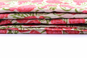 Handmade Block Printed Organic Eco-Friendly Cotton Garment Material Indian <b>White</b> Base Red Flower Green Leaf Design Dress Bags - Product Image 3