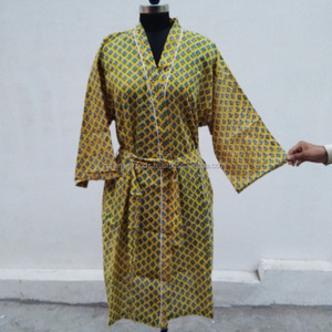High Quality Cotton Block Printing Fabric Kimono With Wrap Design Belt Tie Waist, Pockets Bathrobe Lounge Spa Women Accessories - Product Image 2