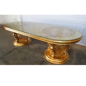 Table de salle à manger dorée antique de luxe en bois massif de grande taille avec cadre en bois sculpté dessus en verre meubles de chambre à coucher - Product Image 2