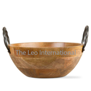 Matériau en bois de fer avec poignées latérales Bol décoratif Forme ronde Servant des aliments Collations aux fruits Bol fantaisie - Product Image 1
