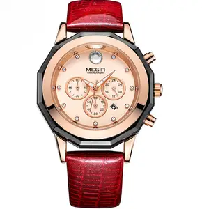 MEGIR 2042 Fashion Leather Wrist Quartz Ladies Watch Luxury Brand Chronograph Wrist Watch Women