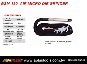 APLUS GSM-190 Amoladora Neumática Recta de Aire, 70.000 RPM, Tamaño de Mandril de 3mm, 90psi, para Desbarbado de Plástico, Escape Trasero - Product Image 2
