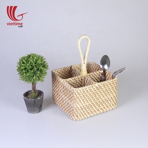 High Quality <b>White</b> Square Rattan Utensil & Condiment Caddy <b>Basket</b> Handmade in Vietnam for Restaurants - Product Image 6