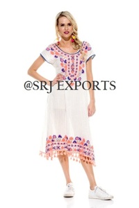2026 New Fashion Exciting Colorful Stylish Wide Neckline Flat Cap Sleeve Aari Embroidery Bright <b>Tassel</b> <b>Trim</b> Women Beach Dress - Product Image 4