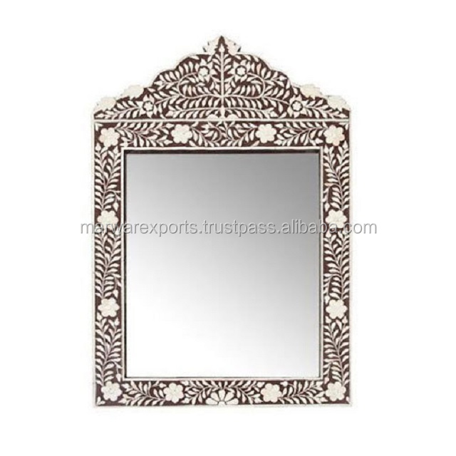 Cadre Miroir Rond Incrusté D'os - Décoration Artisanale D'Inde - Personnalisable