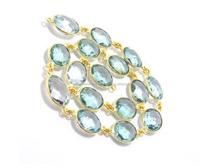 Hermosa aguamarina cuarzo 24 K chapado en oro CZ bisel conjunto conector hecho a mano cadena Vintage facetada - Product Image 2