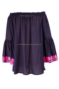 Popular europeo hermosa moda de alta calidad de manga de campana de 100% de algodón de las mujeres hombro bordado mexicano playa - Product Image 5