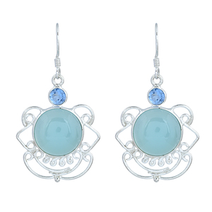 Boucles d'oreilles en argent sterling 925 avec topaze en calcédoine Boucle d'oreille à la mode de forme ronde pour les fêtes de mariage et les cadeaux. - Product Image 1