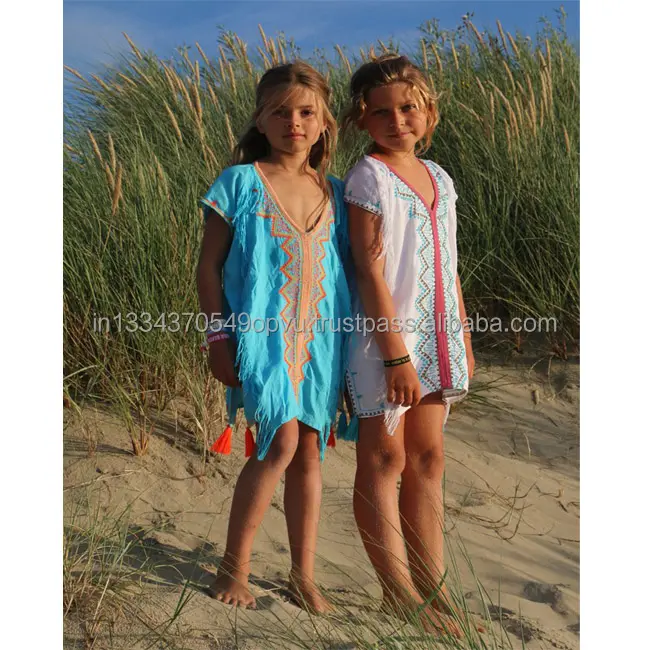 Dubai Zomer Dagen Kinderkleding Strand Badpak Cover Up Kaftan Kids Exclusieve Zachte Viscose Handgemaakte Fringe Leuke Meisje Poncho