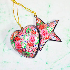 Papier mâché écologique Coeurs d'étoiles Décor de Noël Décorations peintes à la main Ornement d'arbre Décorations de Noël - Product Image 2