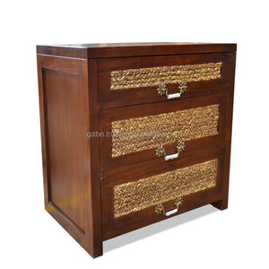 Coffre en osier à 3 tiroirs en bois de teck massif et jacinthe d'eau au design antique Armoire de salon polyvalente pour meubles de maison - Product Image 2