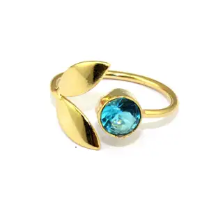 Solitaire round shape swiss blue quartz two leaf design adjustable ring brass gold plated single gemstone open cuff ring for her