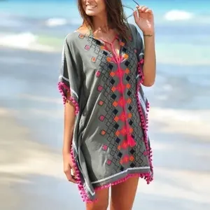 Exclusif Designer Dames Porter Rayonne robe caftan/Profond V cou court type de Plage tunique avec broderie